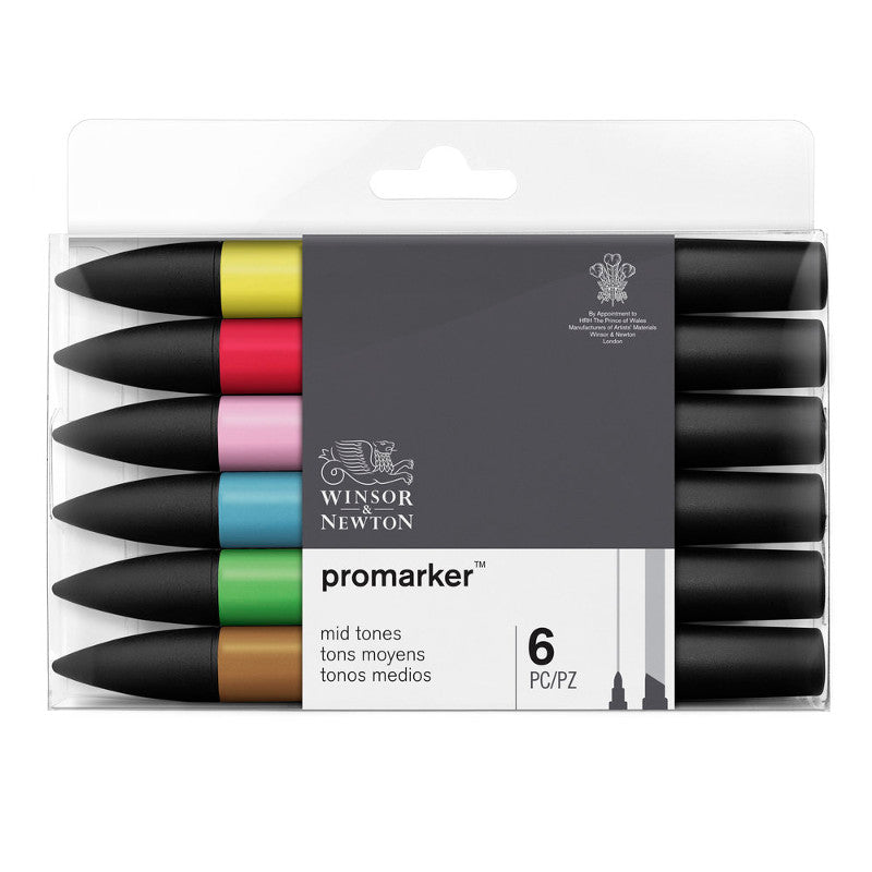 Winsor & Newton Promarker Brush 6 Mid Tones + Blender (Set)